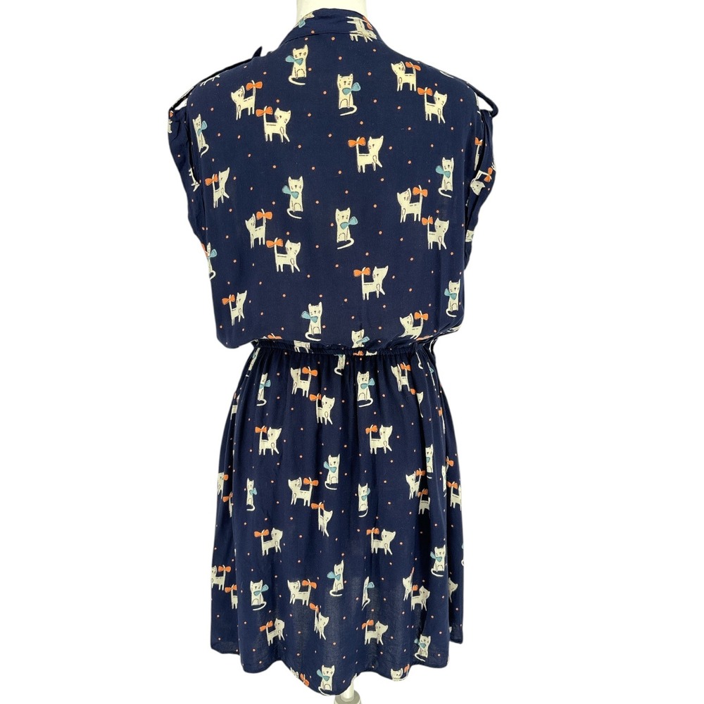 Angie Navy Blue Cat Print Dress Large Sleeveless Button Front Indie Cottage Twee - Picture 6 of 7